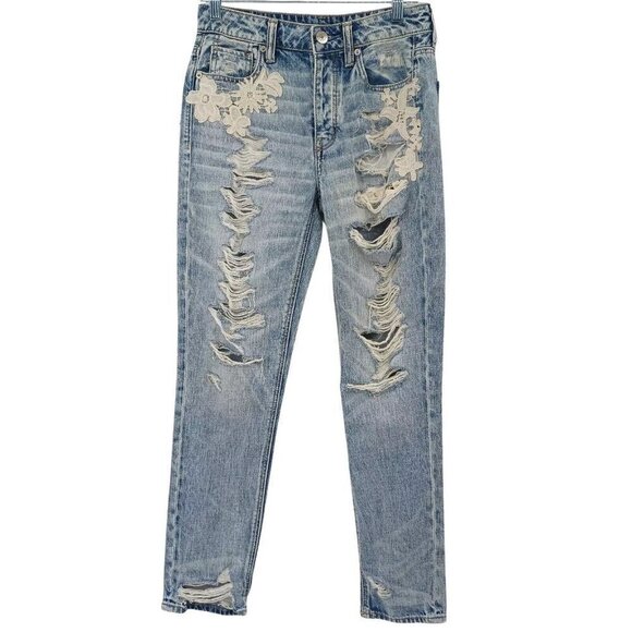 American Eagle Hi-Rise Tomgirl Embroidered Distressed Jean Medium Wash Women's 2 - Picture 1 of 12